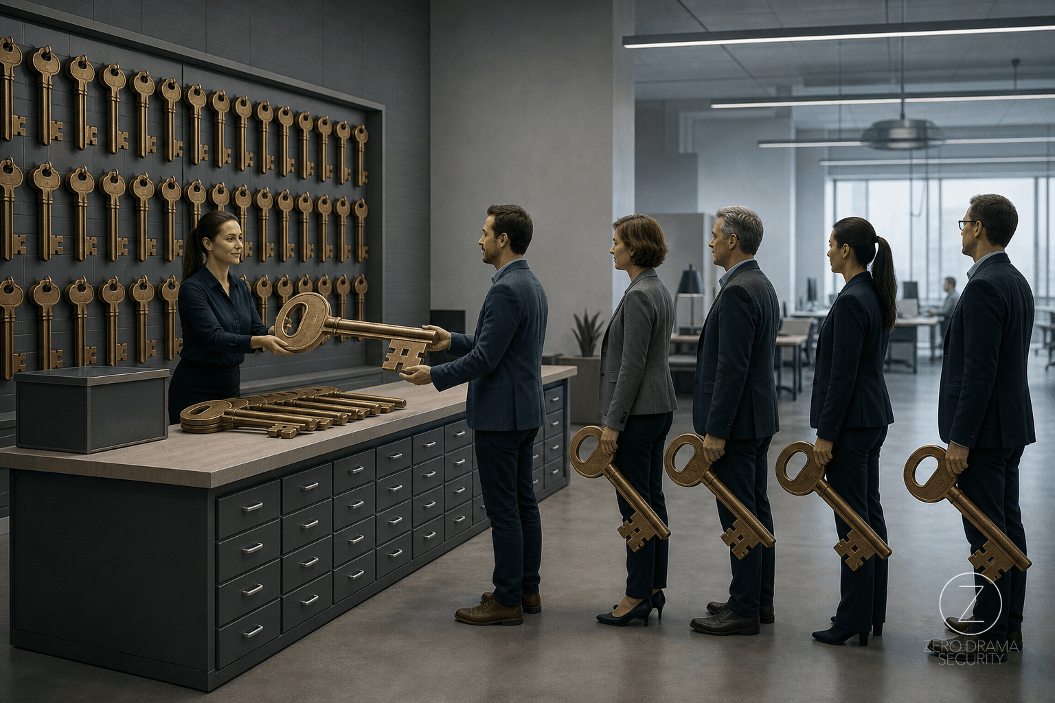 A polished office supply cabinet with one giant master key handed to everyone waiting for a single tiny drawer.