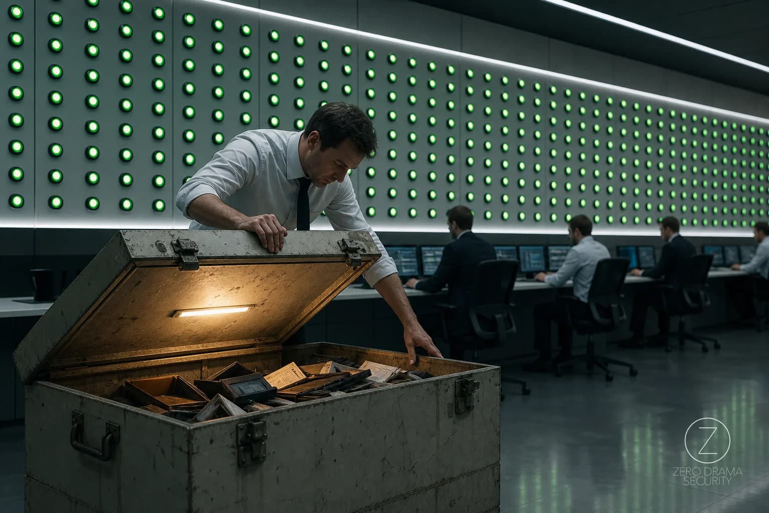 A pristine operations room full of green status lights while a single overloaded worker manually checks the actual control outcome.