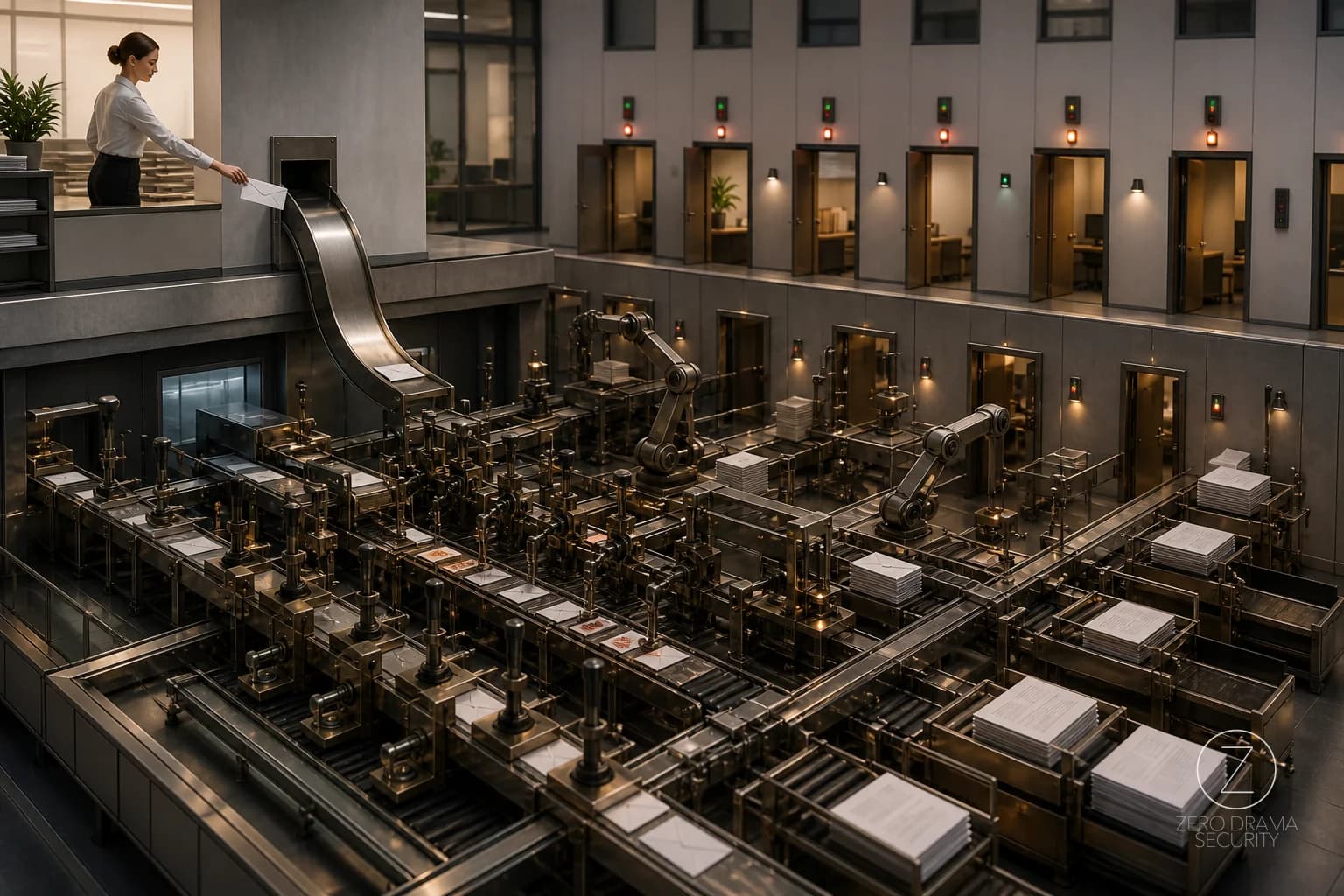 A polished office mailroom where one tiny delivery chute feeds an absurd number of critical machines.