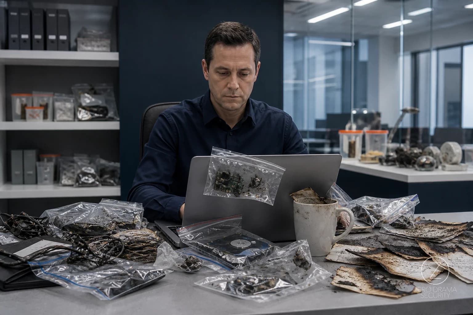 A pristine evidence room where contaminated samples are casually placed on the analyst’s desk.