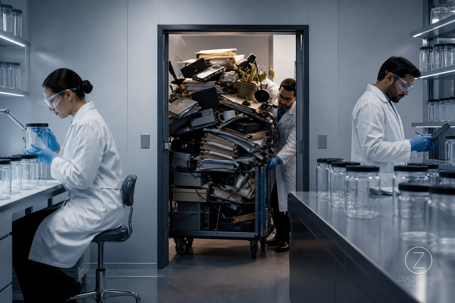A pristine test lab filled with carefully labeled empty specimen containers while one overflowing production cart blocks the only door.
