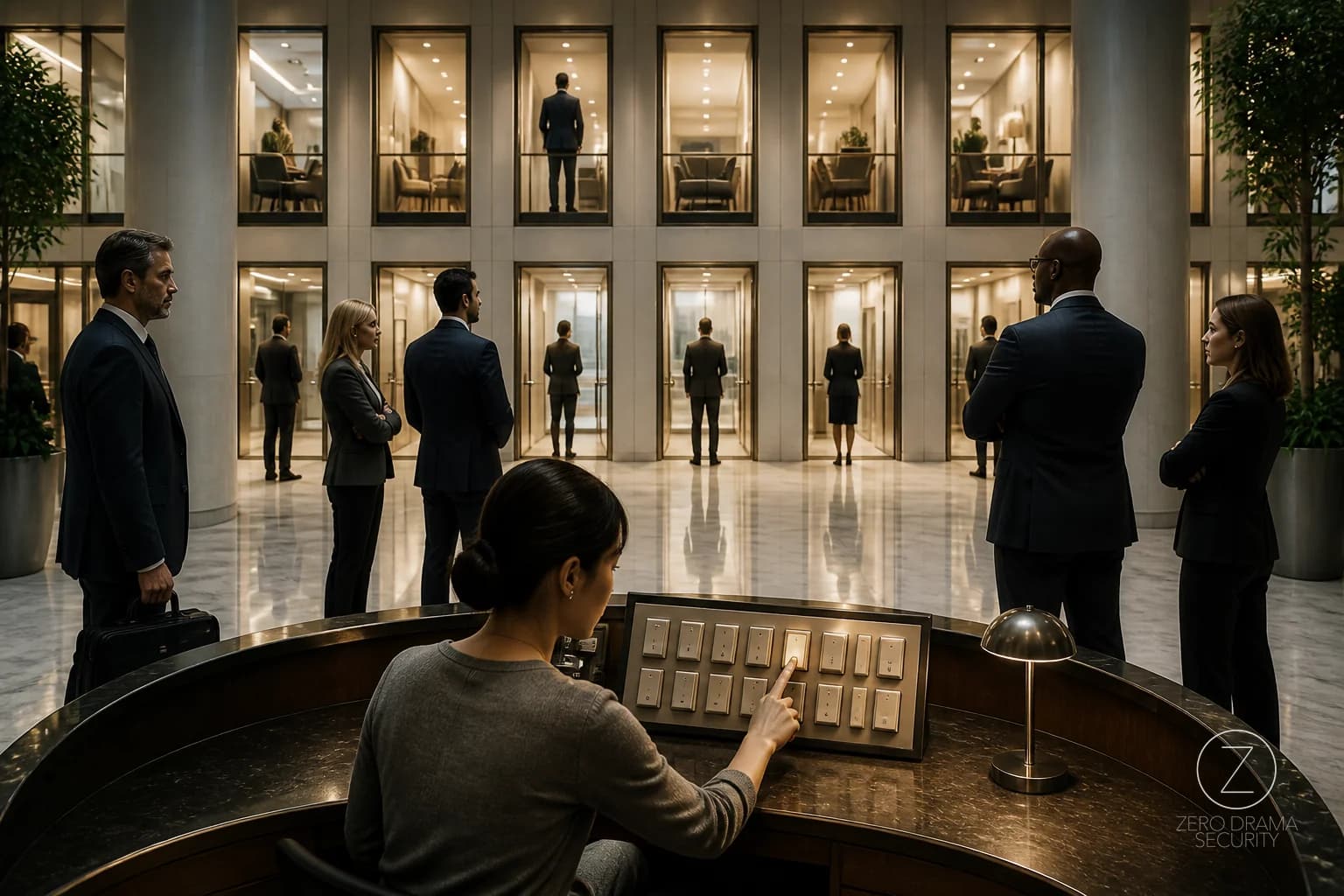 A polished office control room where one small switchboard quietly controls access to too many important rooms.