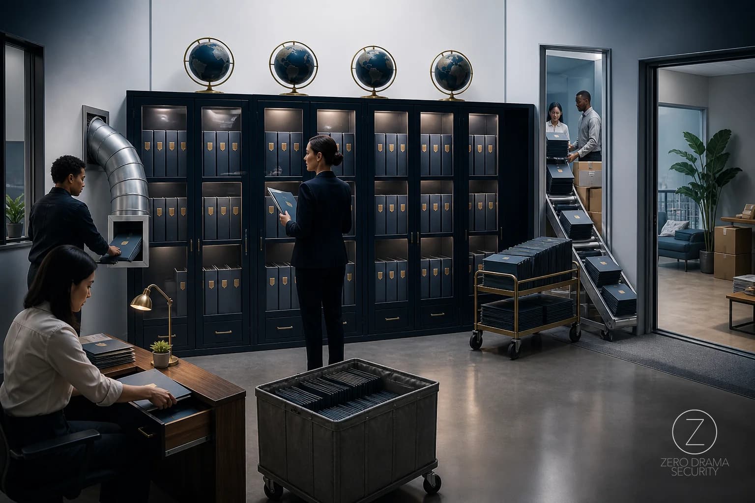 A polished office archive with regional filing cabinets while identical folders spill through vents into unmarked rooms.