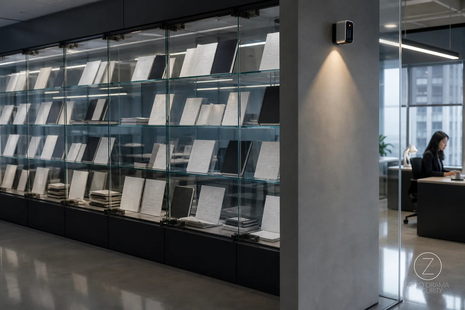 A polished office storing every blank notebook in glass cabinets while a small sensor quietly watches the room.