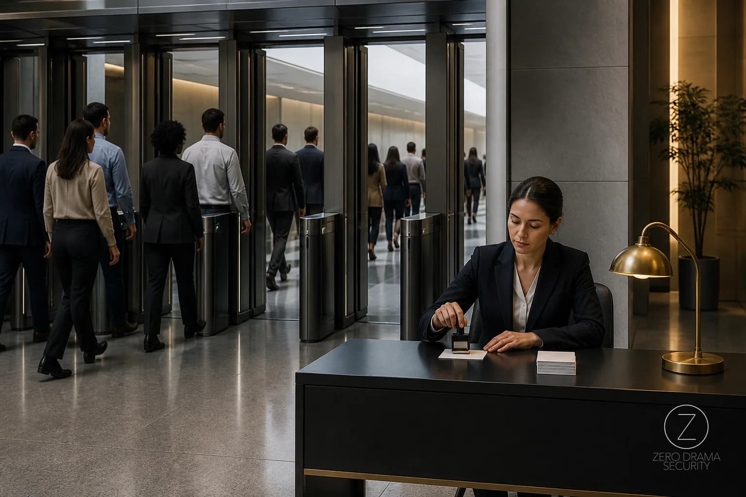 A polished office review desk rubber stamping decisions while an automated gate has already sorted everyone.
