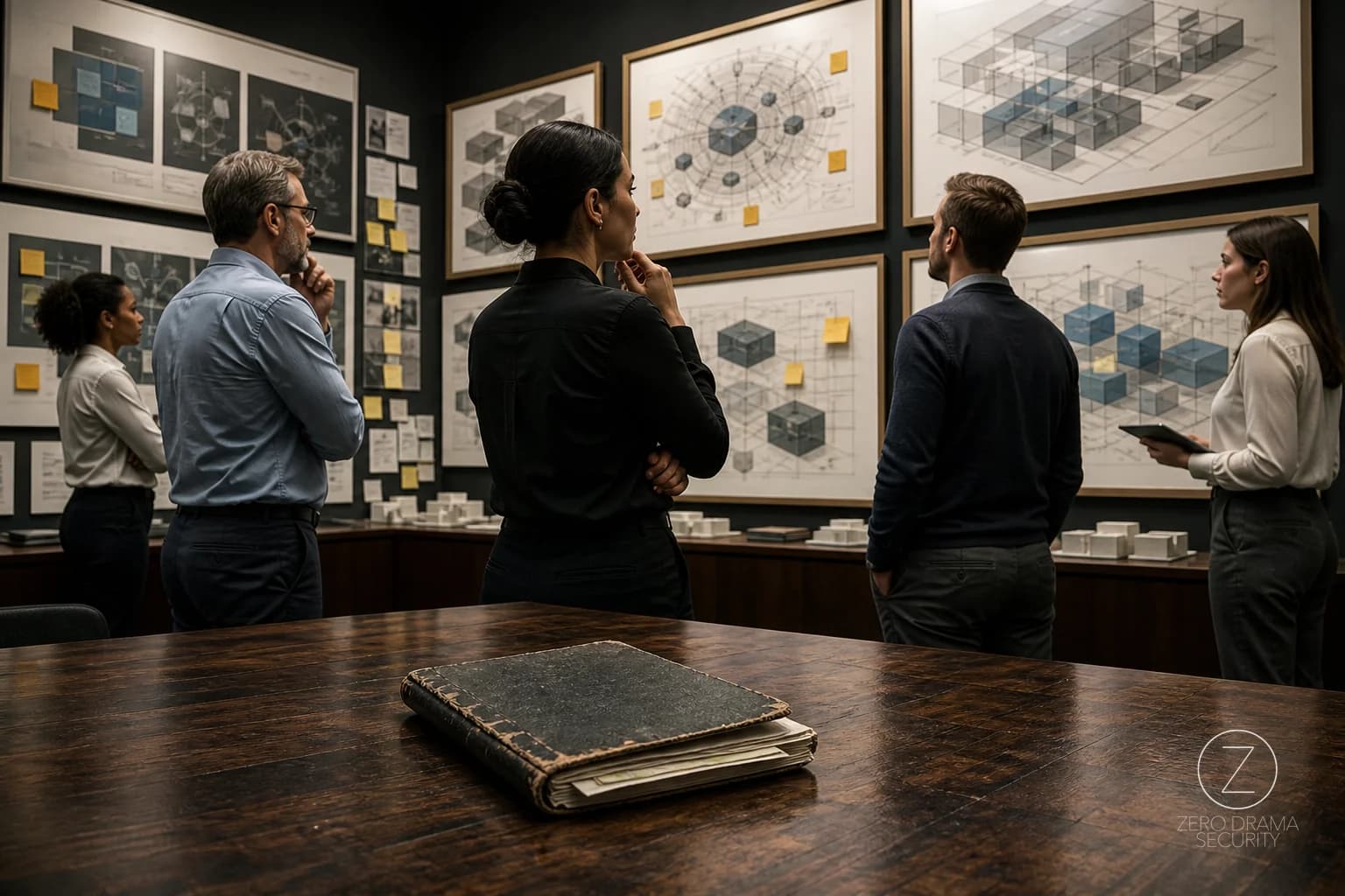 A polished architecture review room where one tiny decision notebook holds up an absurd wall of beautiful but useless diagrams.